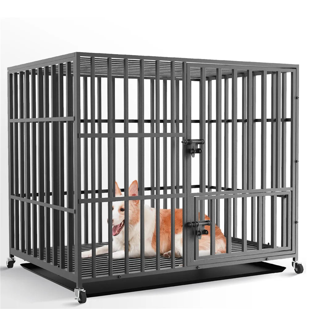 Heavy-Duty Metal Pet Crate with Doors, Locks, Removable Tray & Wheels