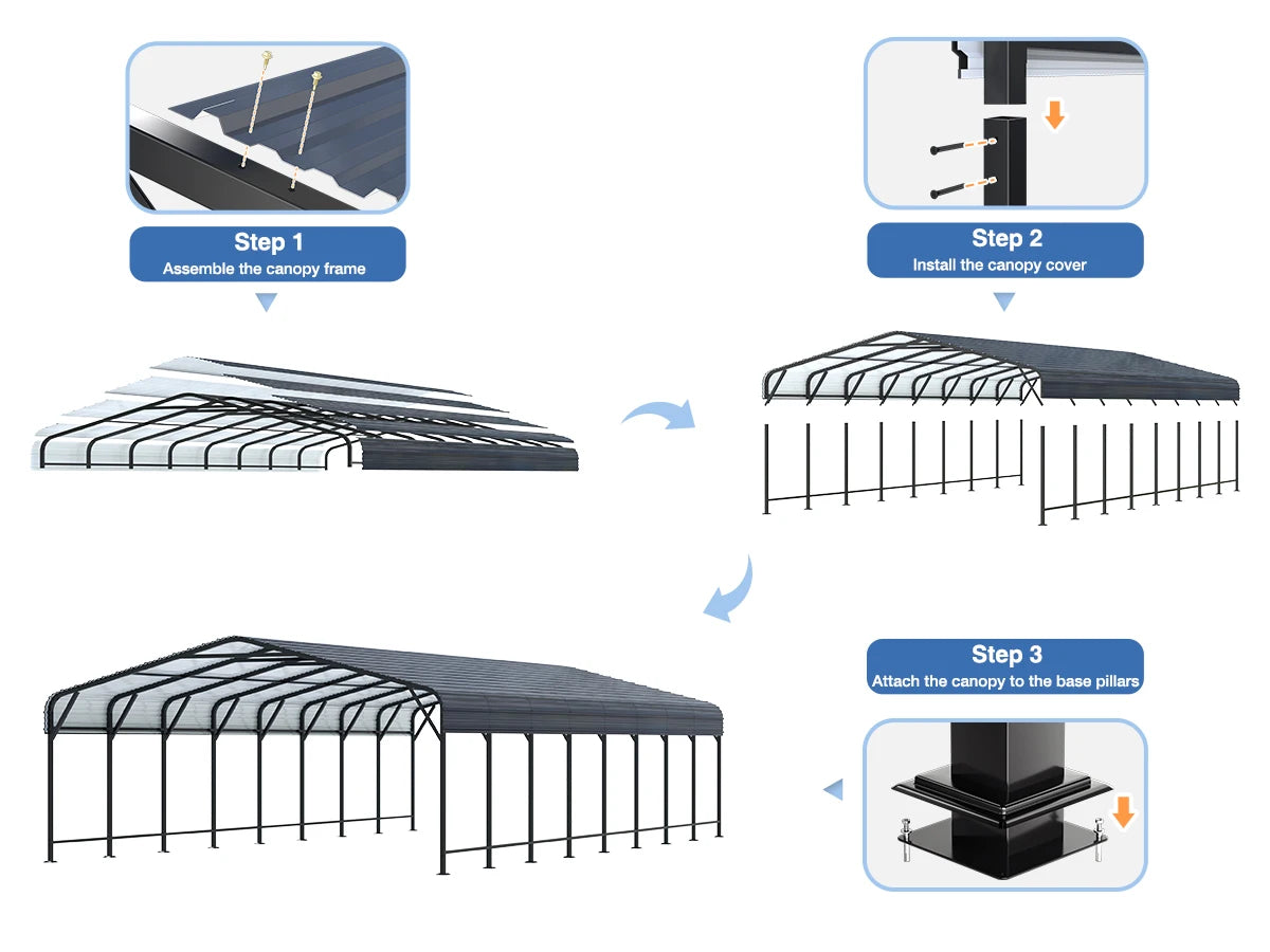 Heavy Duty Metal Carport – Multi-Size Outdoor Shelter for Vehicles and Garden Patio