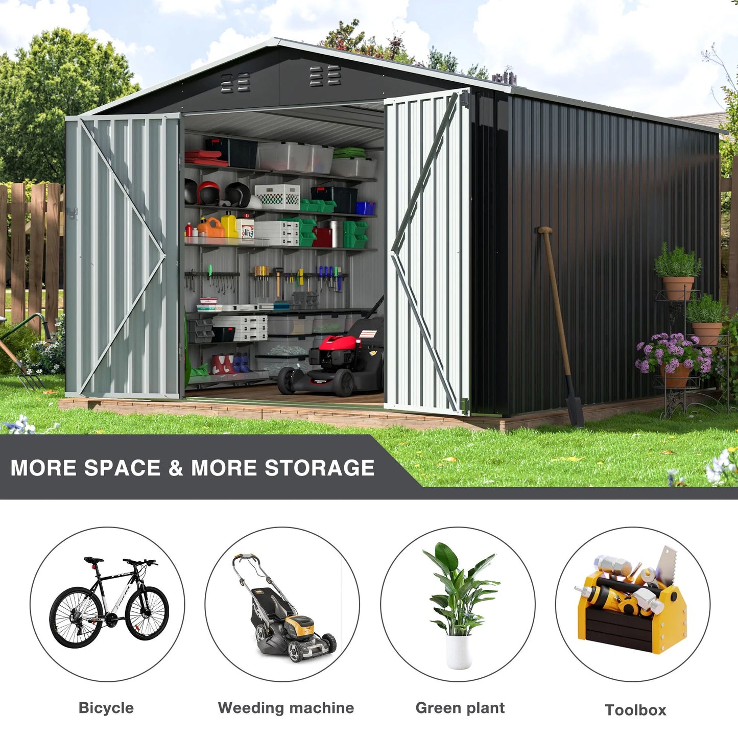 12x14FT Heavy-Duty Galvanized Steel Storage Shed – Lockable Door, White Roof Garden Tool Shed for Backyard & Patio | Easy Assembly