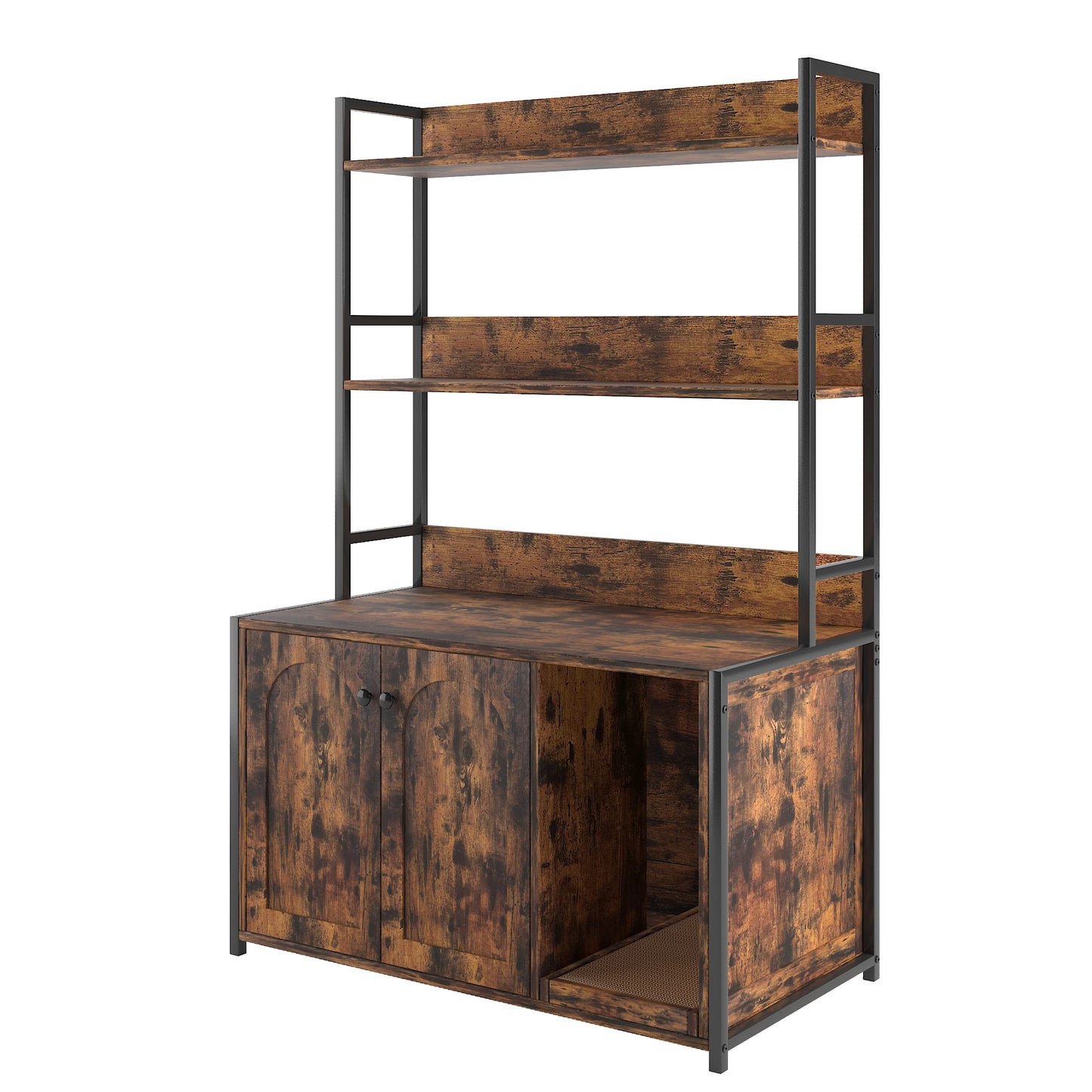 Wooden Hidden Cat Litter Box Enclosure with Shelves and Scratch Pad