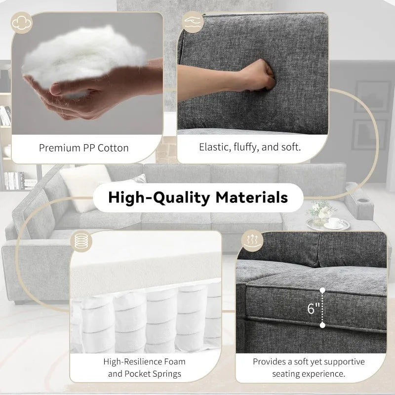 Modern U-Shaped Cloud Couch Set with Oversized Chaise & Cup Holders