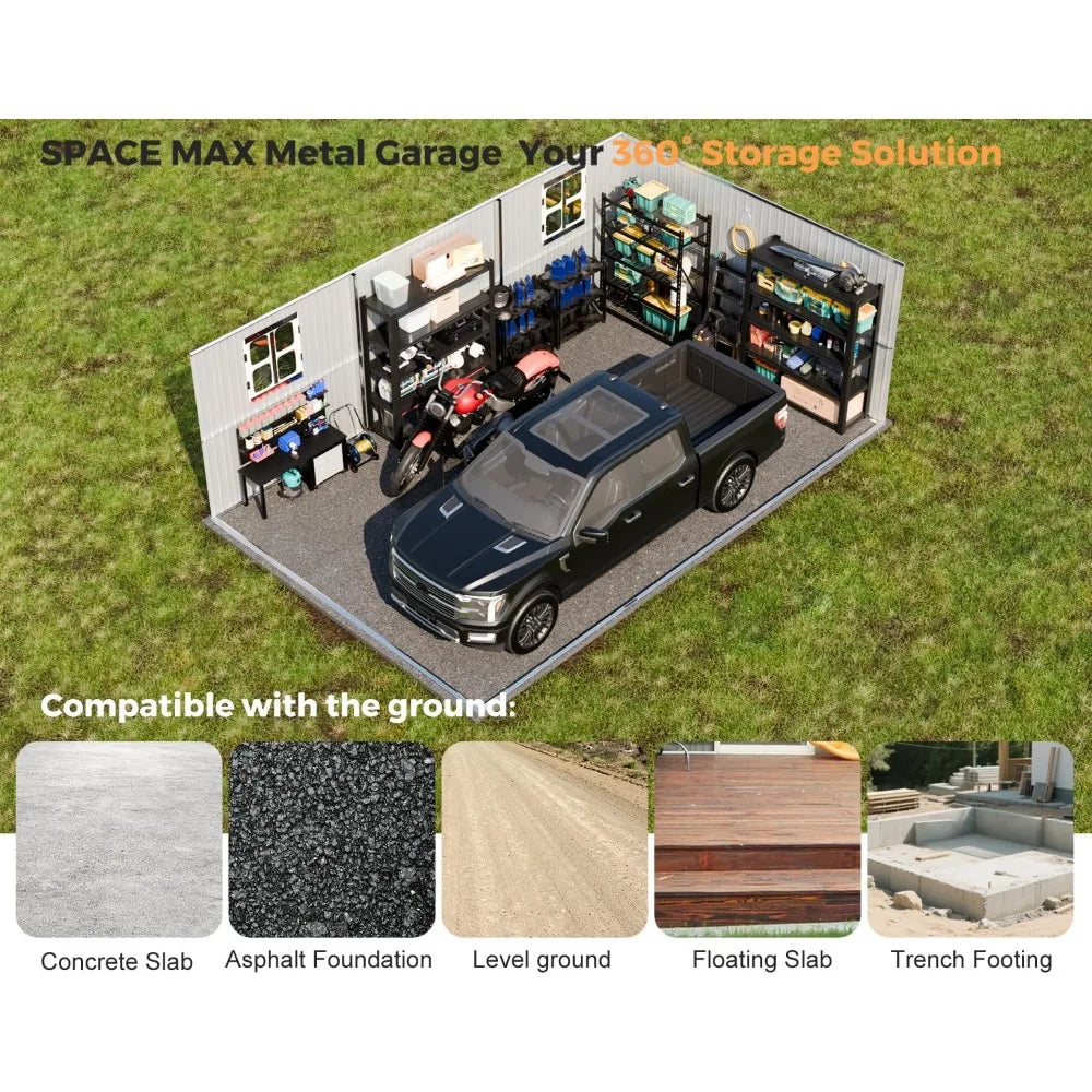 Large Metal Garage Shed – Weatherproof Storage with Skylight