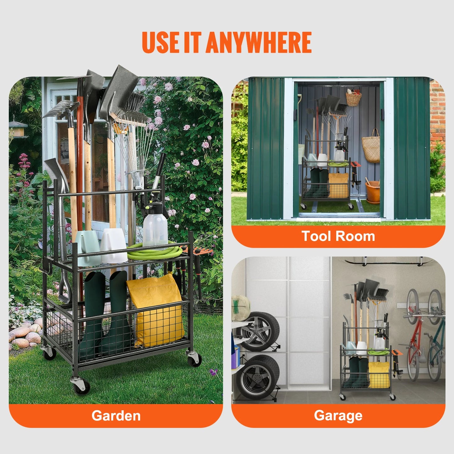 16-Slot Garden Tool Organizer Rack with Wheels & Hooks –