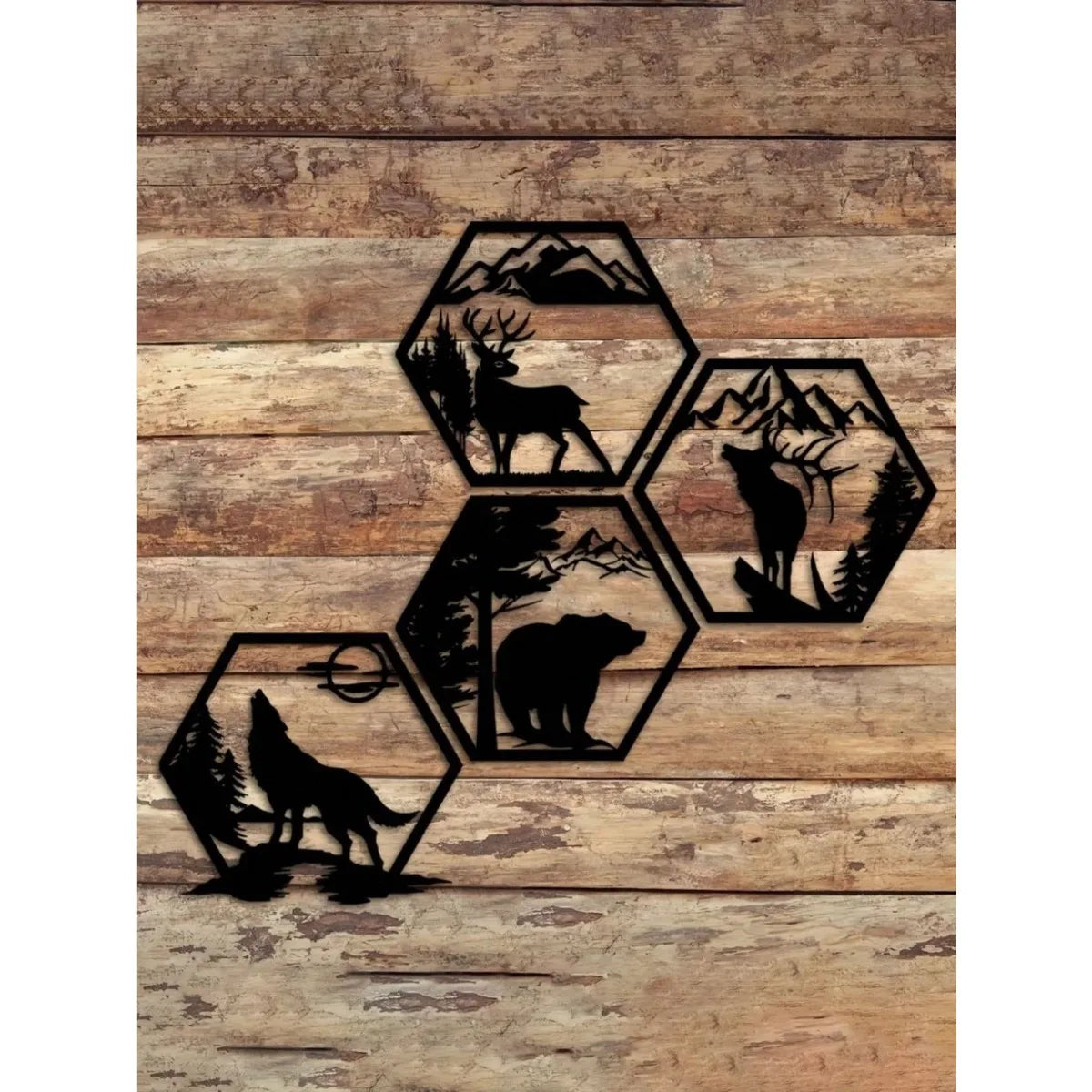 4PC Hexagon Animal Metal Wall Art Set
