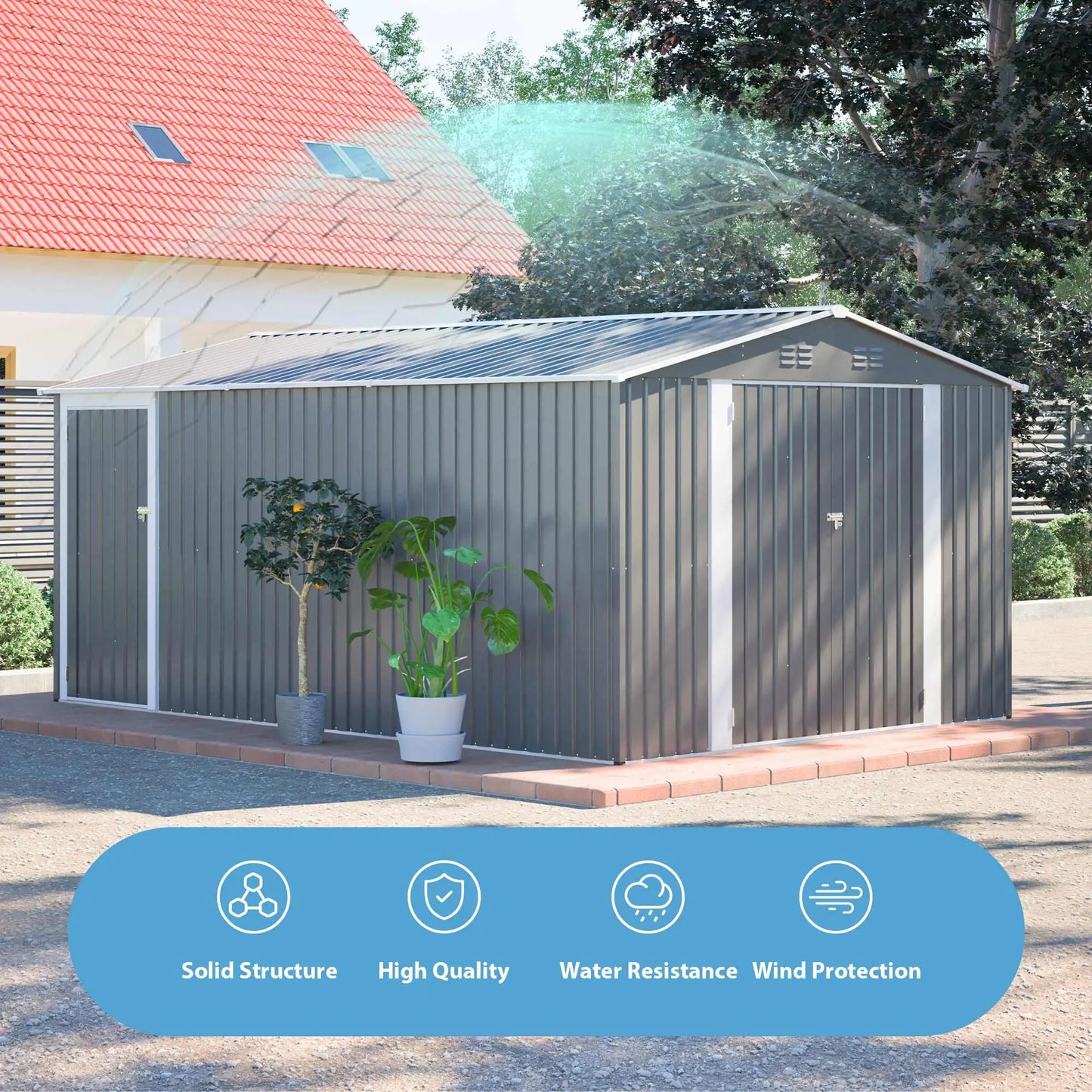 10×14 FT Large Metal Storage Shed – Lockable Doors & Ventilated Waterproof Design