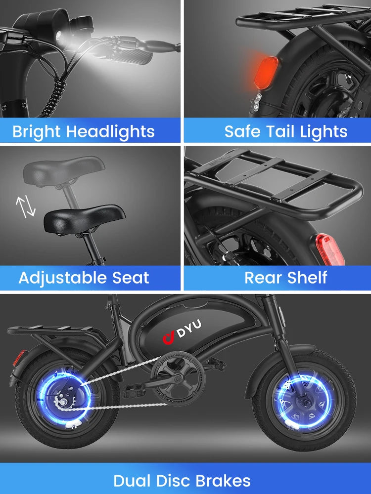 DYU D3F-MINI Electric Bike – 500W Peak Motor, 36V 7.8Ah Battery, 14" City E-Bike
