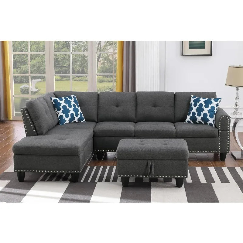 4-Seat Linen Sectional Sofa Set with Cup Holders & Coffee Table