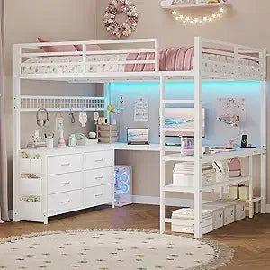 Full Size White Metal Loft Bed with Desk, Drawers & LED