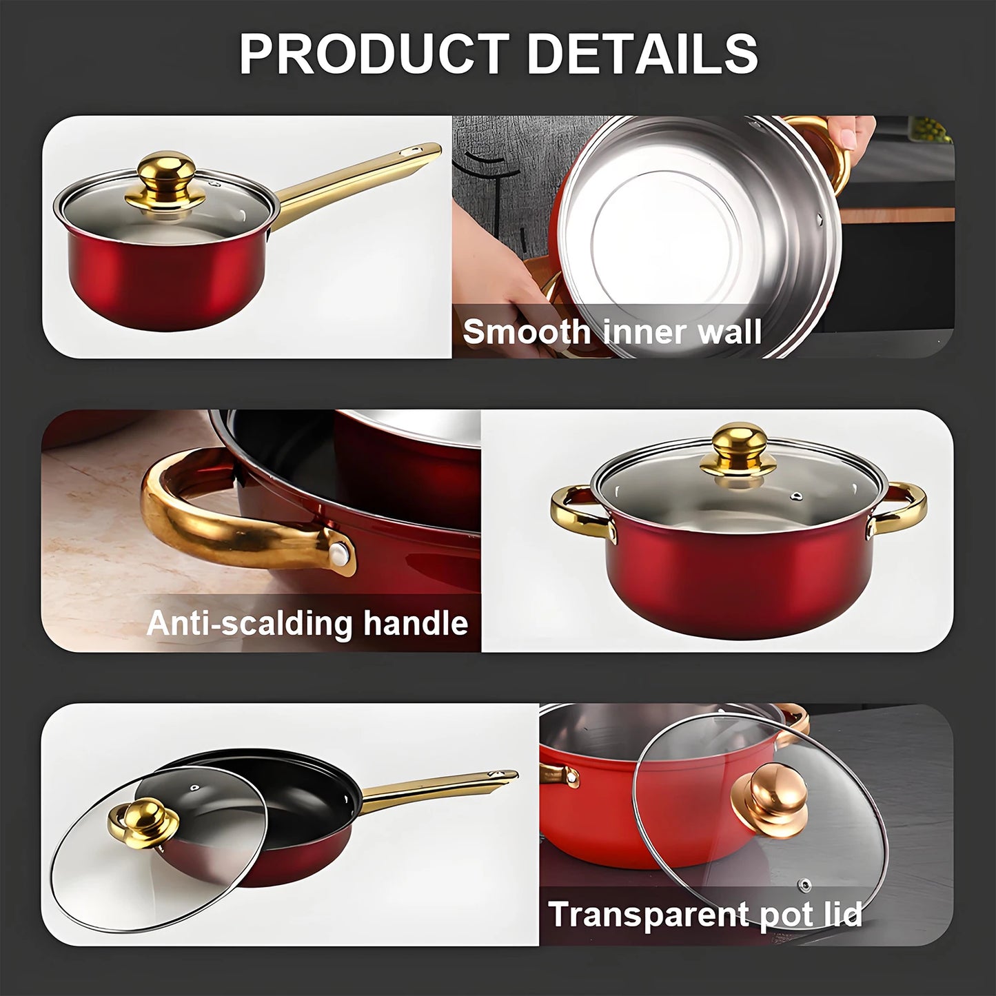 Stainless Steel Red Cookware Set – Non-Stick Kitchen Cooking Solution