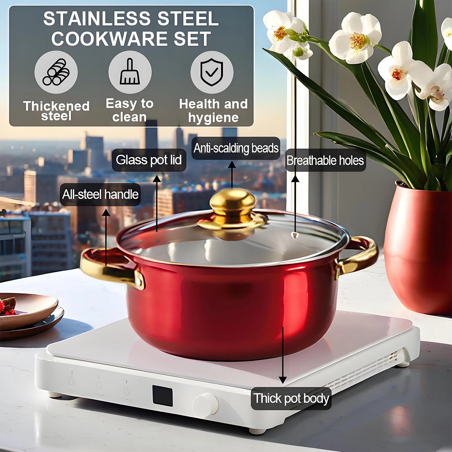 Stainless Steel Red Cookware Set – Non-Stick Kitchen Cooking Solution