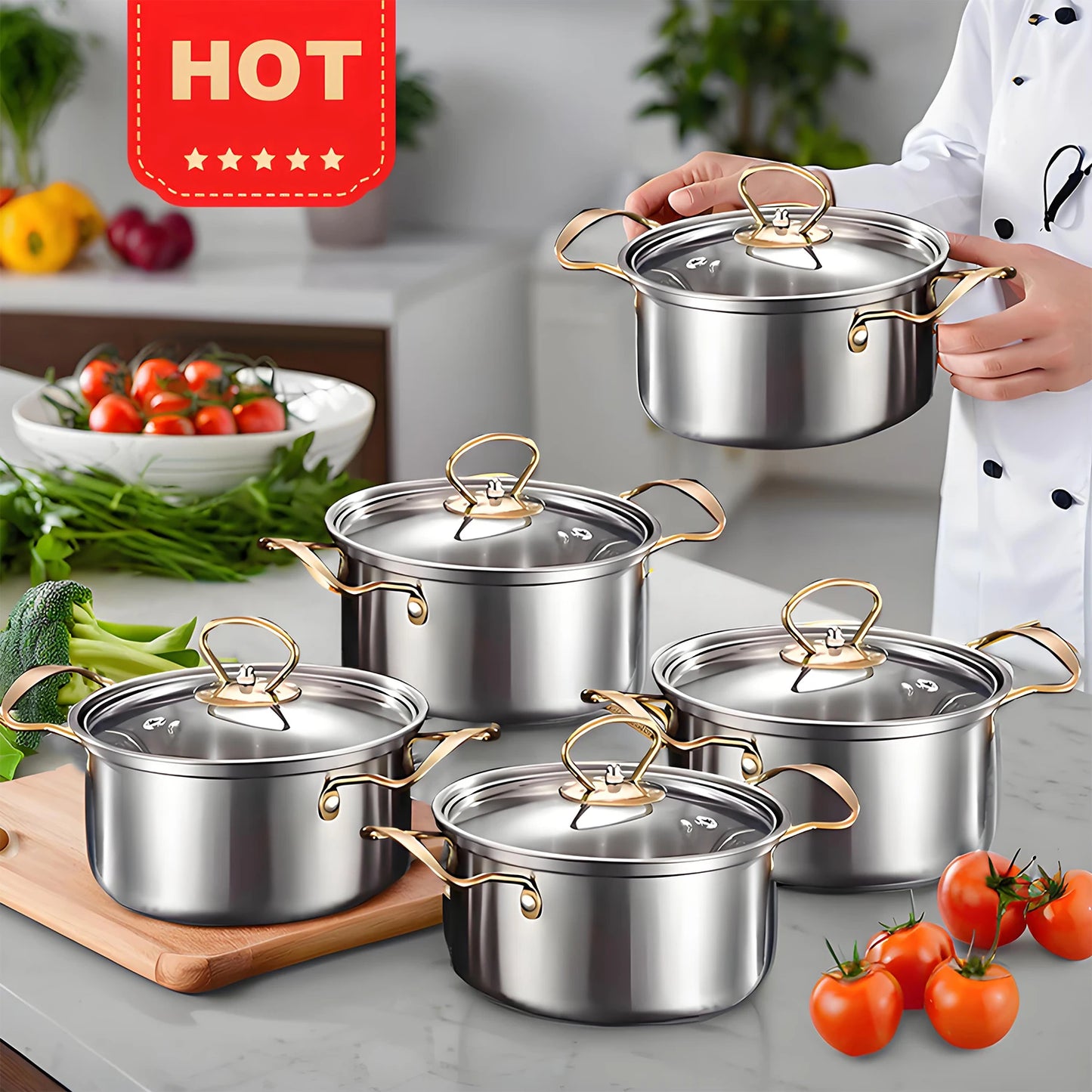 Stainless Steel Red Cookware Set – Non-Stick Kitchen Cooking Solution