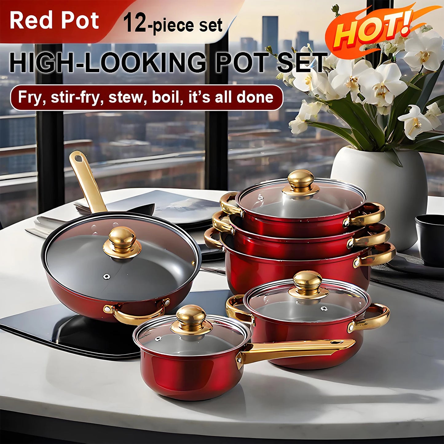 Stainless Steel Red Cookware Set – Non-Stick Kitchen Cooking Solution