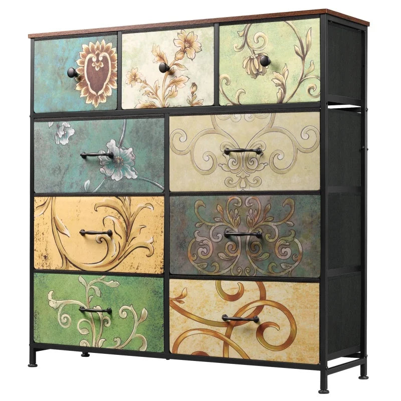9-Drawer Tall Storage Fabric Dresser Steel Frame, Wood Top