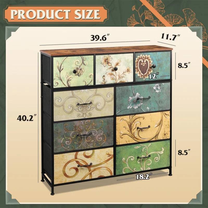 9-Drawer Tall Storage Fabric Dresser Steel Frame, Wood Top