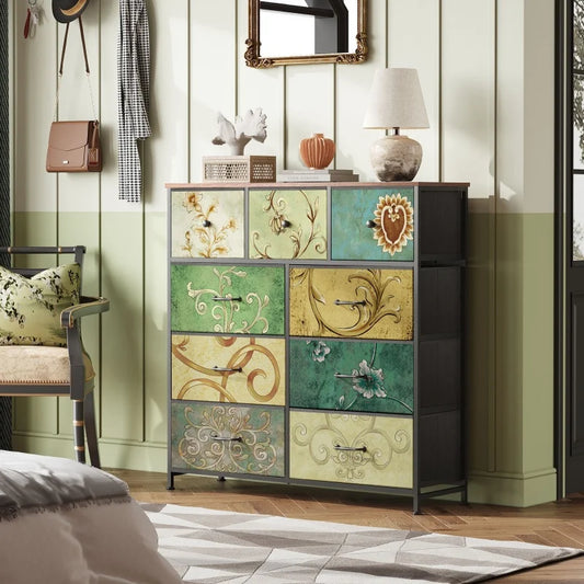 9-Drawer Tall Storage Fabric Dresser Steel Frame, Wood Top