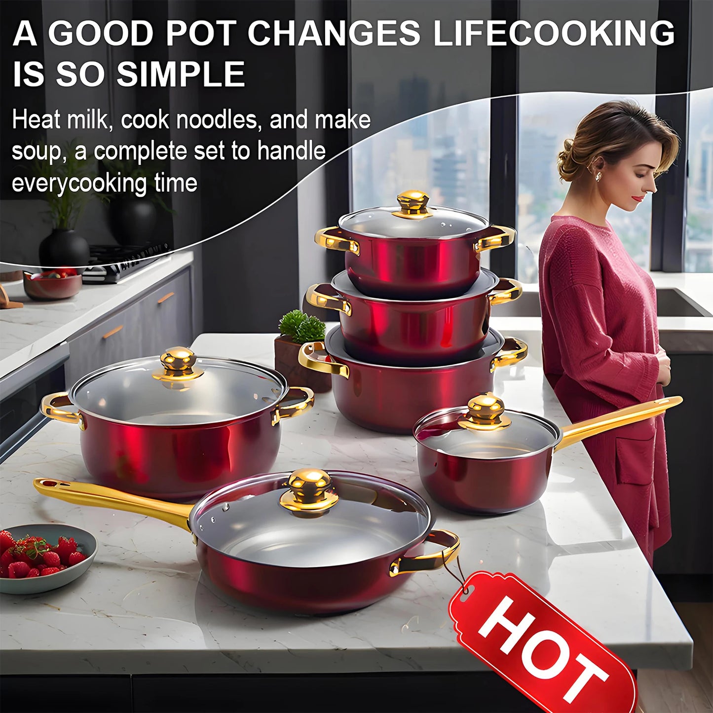Stainless Steel Red Cookware Set – Non-Stick Kitchen Cooking Solution