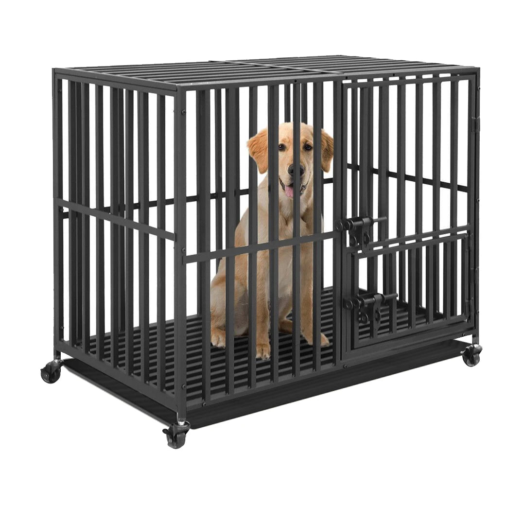 Heavy-Duty Metal Pet Crate with Doors, Locks, Removable Tray & Wheels