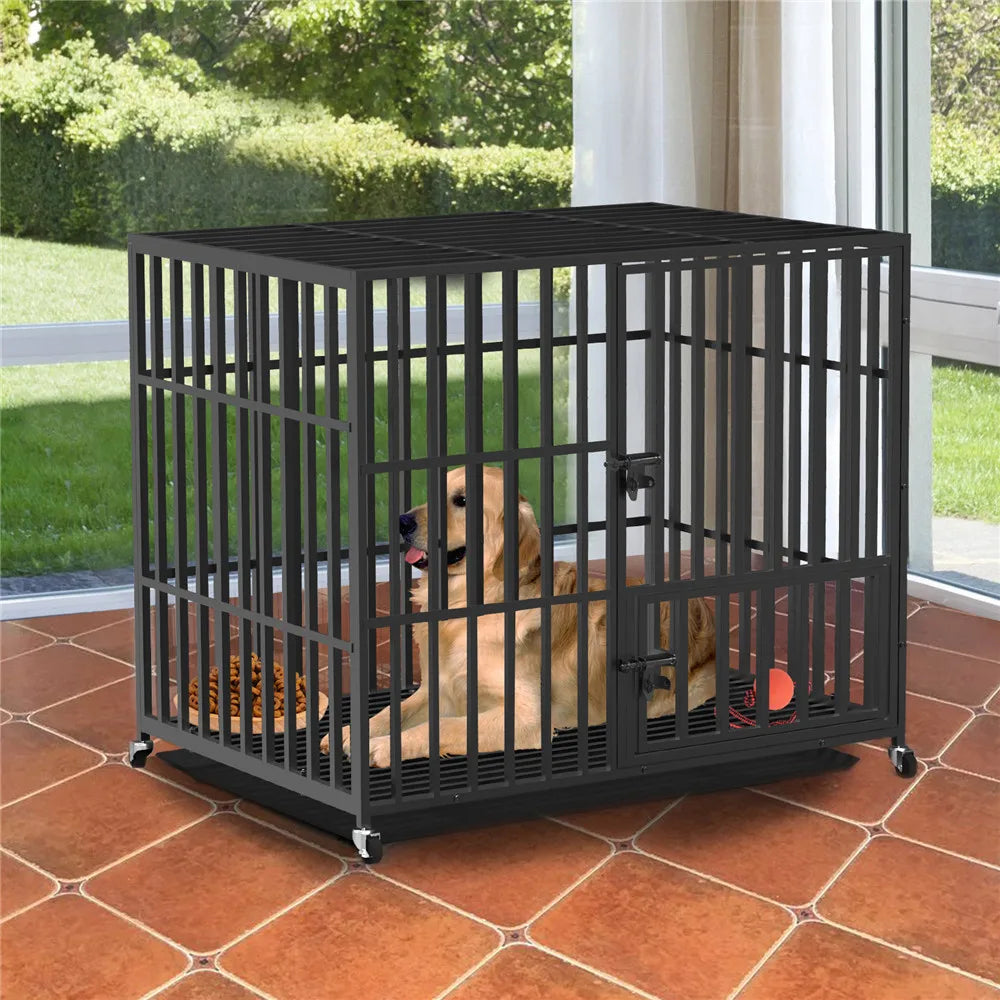 Heavy-Duty Metal Pet Crate with Doors, Locks, Removable Tray & Wheels