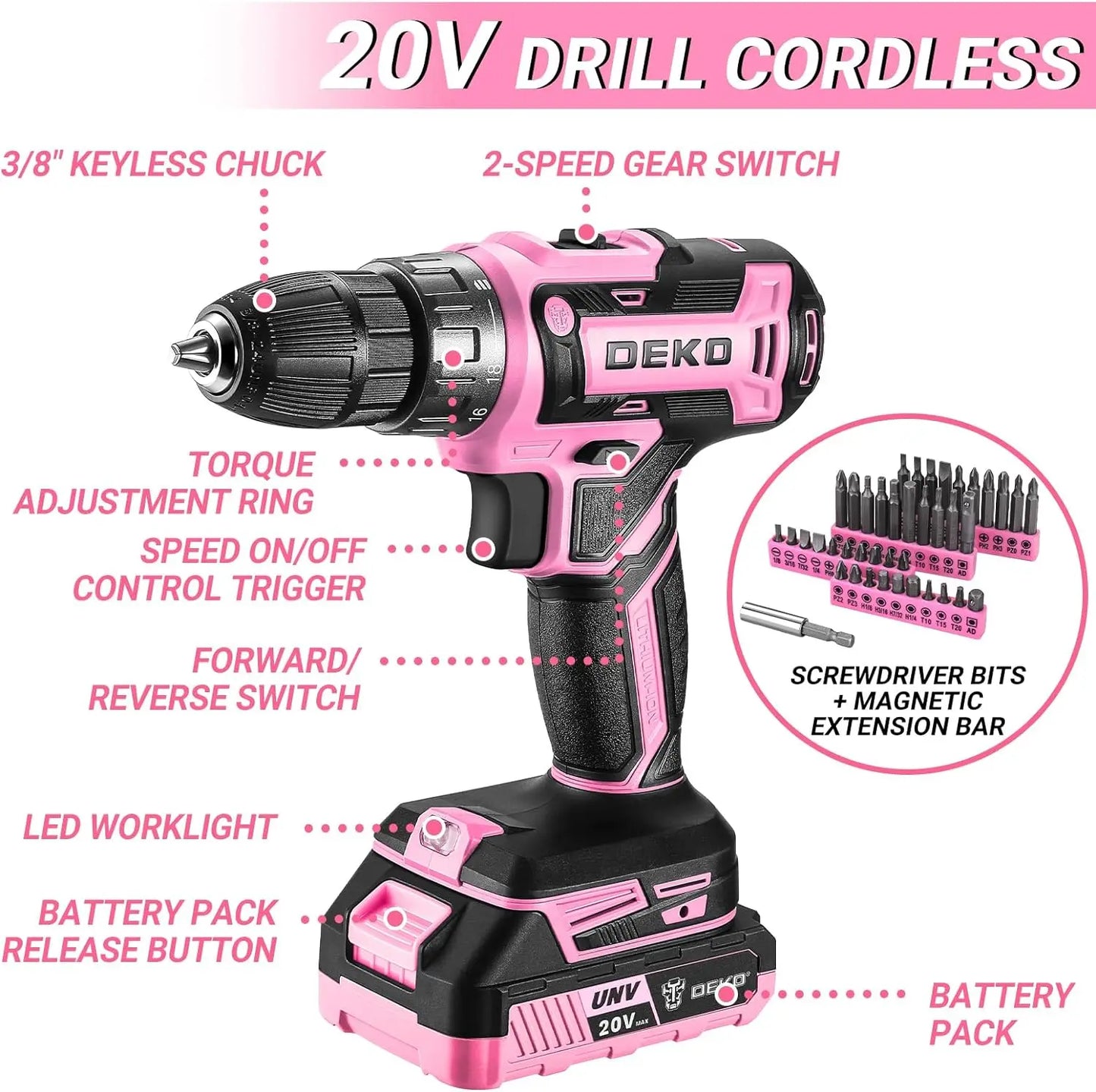 DEKO Pink Drill Tool Kit Set: Cordless Drill Toolbox & Battery