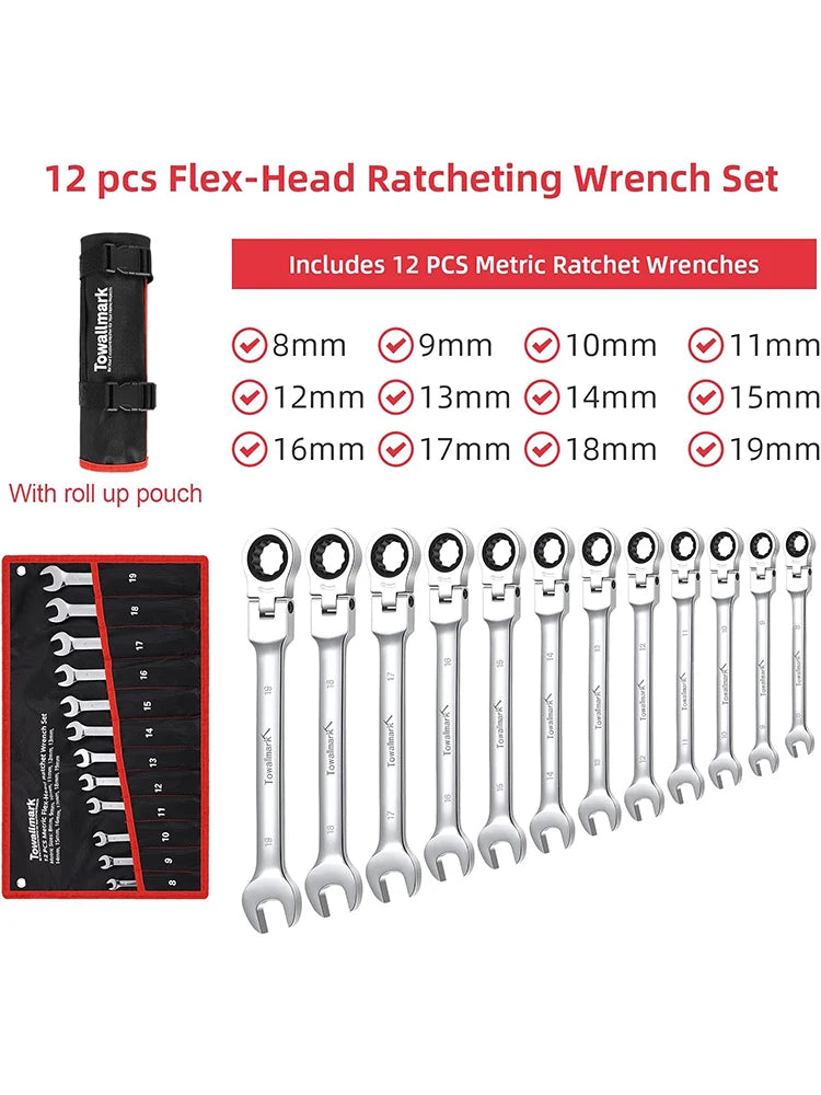12-Piece Metric Flex-Head Ratcheting Wrench Set with Storage Bag