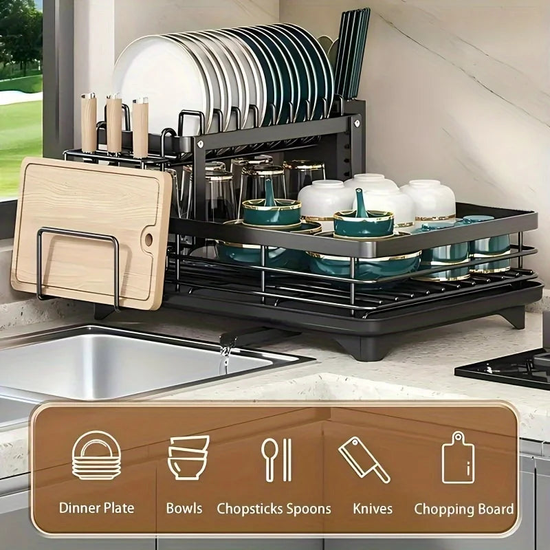Expandable Double-Tier Dish Rack with Utensil Holder & Draining Tray