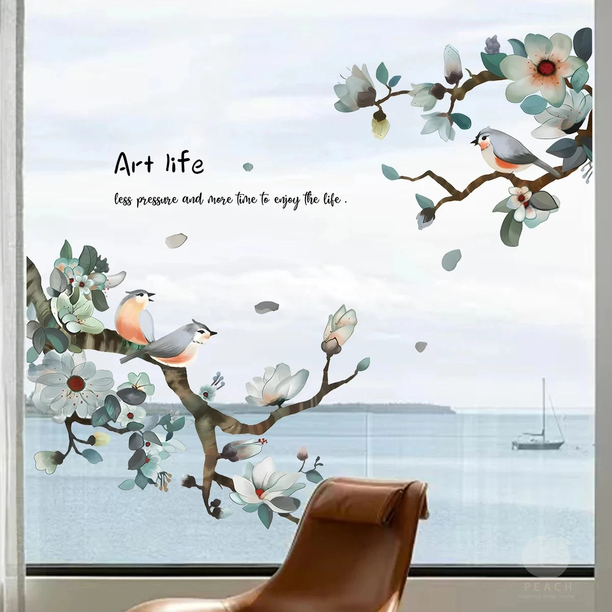 Bird & Peach Blossom Elegant Floral Window & Wall Décor Sticker