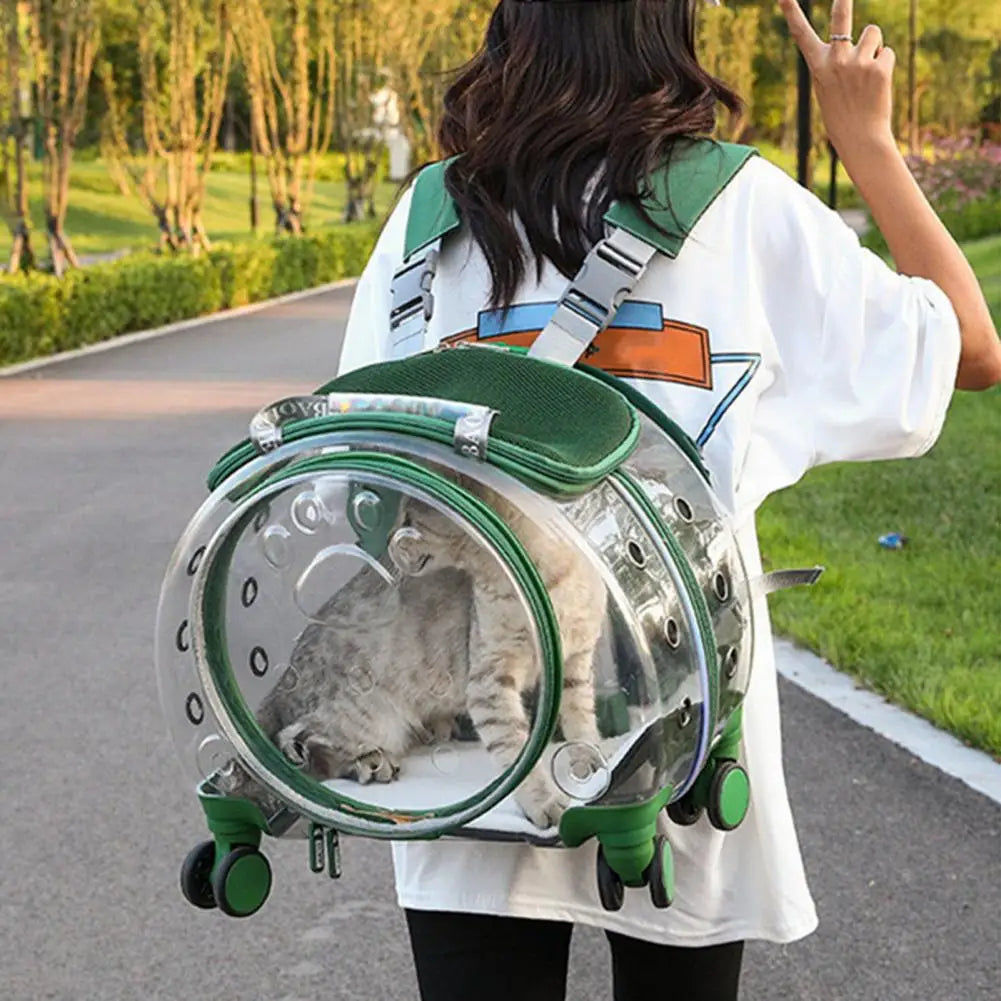 Clear Travel Backpack with Ventilation Holes and Silent Wheels for Pets