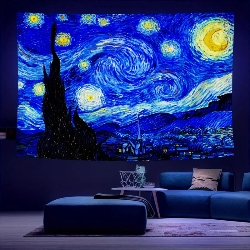 Van Gogh Starry Sky Fluorescent Tapestry – Peach Skin Velvet Bohemian Wall Hanging
