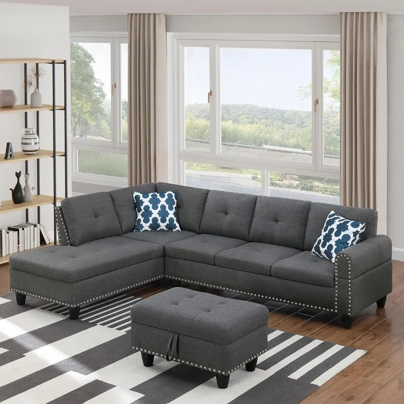 4-Seat Linen Sectional Sofa Set with Cup Holders & Coffee Table