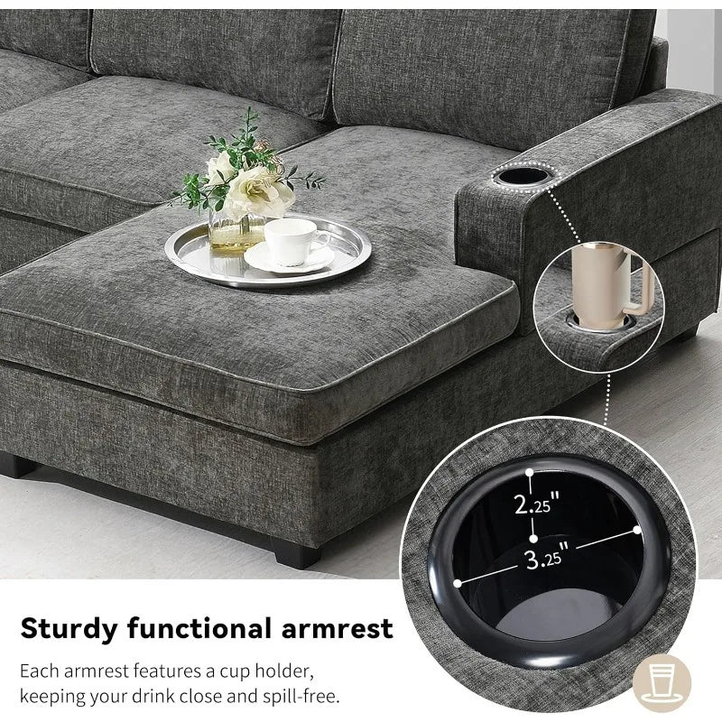Modern U-Shaped Cloud Couch Set with Oversized Chaise & Cup Holders