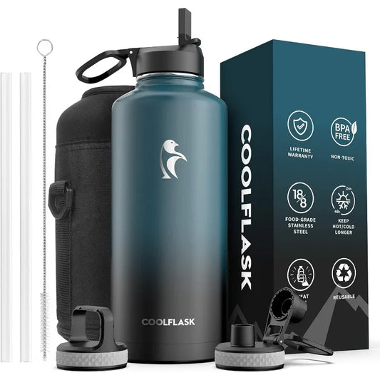 87 oz Insulated Stainless Steel Water Bottle with Straw – 3-Lid Large Sports Jug