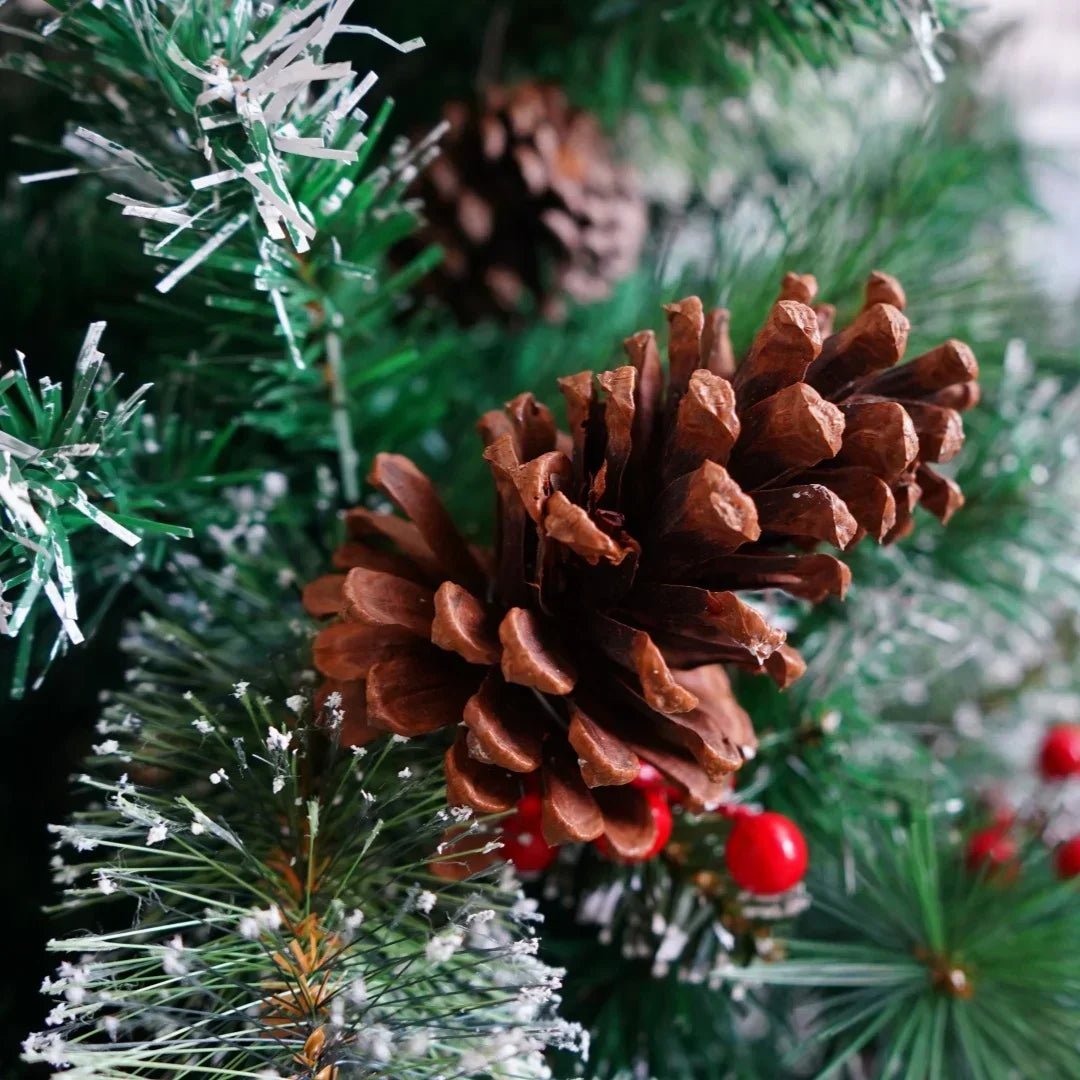 Realistic Green Artificial Christmas Tree – Unlit Pine Tree with Natural Pinecones & Holly Berries