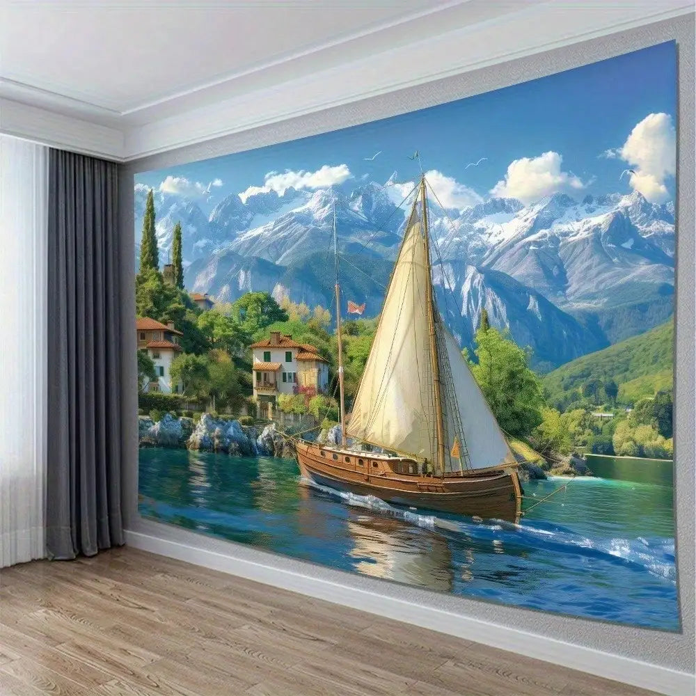 Lake Tapestry Wall Hanging with Sailboat & Mountain Scenery