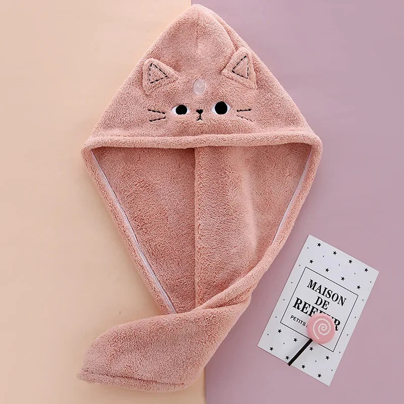 Cute Microfiber Hair Drying Turban – Soft Quick-Dry Shower Cap Towel for Women & Girls, Cat Design