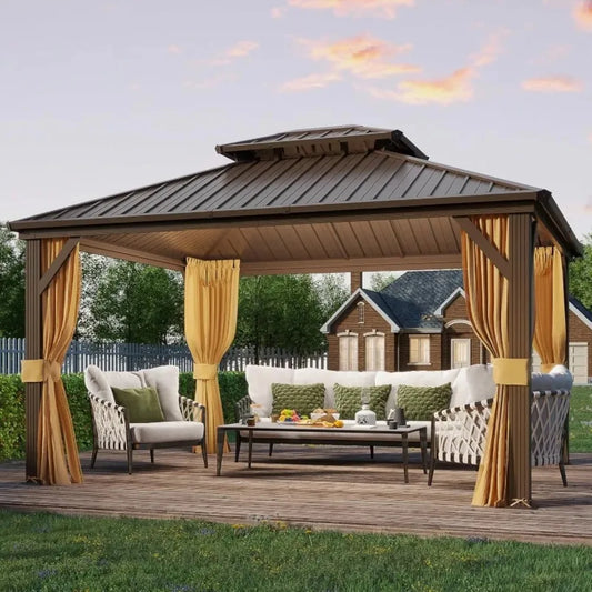 10x12 FT Galvanized Steel Gazebo, Hardtop Pavilion with Netting for Outdoor Parties