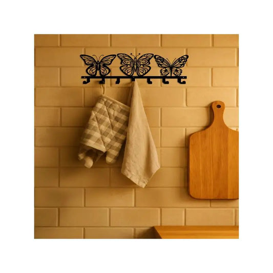 Modern Handcrafted Iron Wall Art Butterfly Key Holder, 7 Hooks