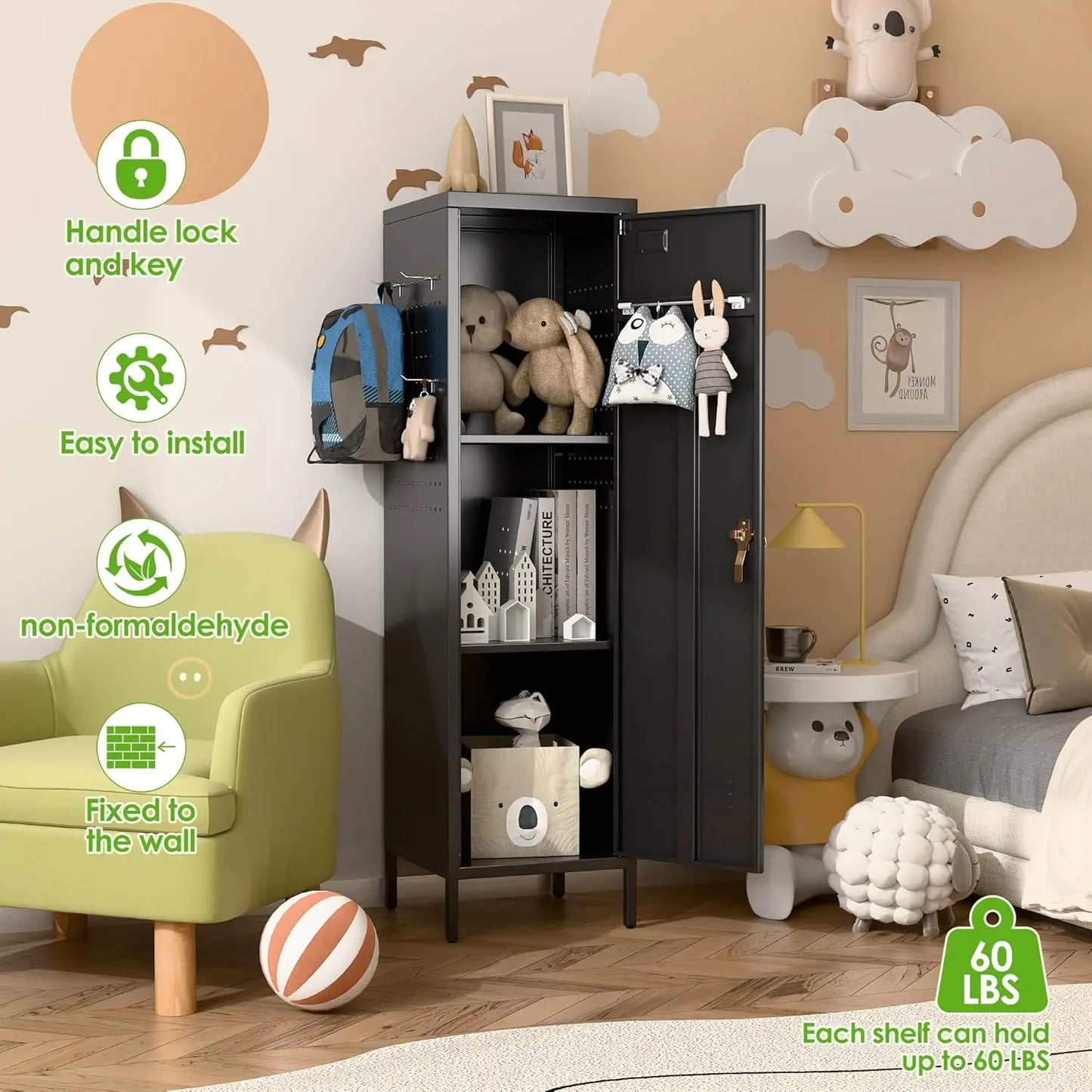 Metal Lockers, Handle, 2 Pegboard & 5 Hooks for Home, Garage