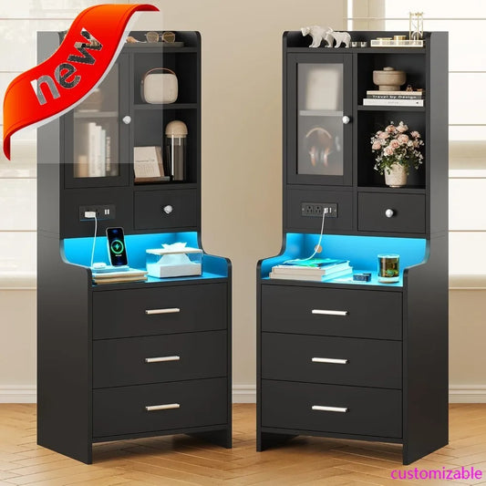 LED Nightstand Set of 2 with Charging Station – Black