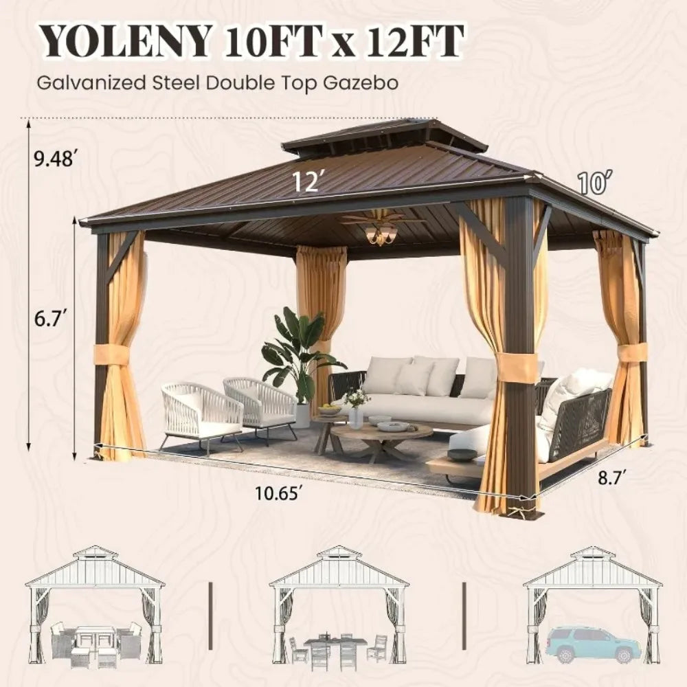 10x12 FT Galvanized Steel Gazebo, Hardtop Pavilion with Netting for Outdoor Parties