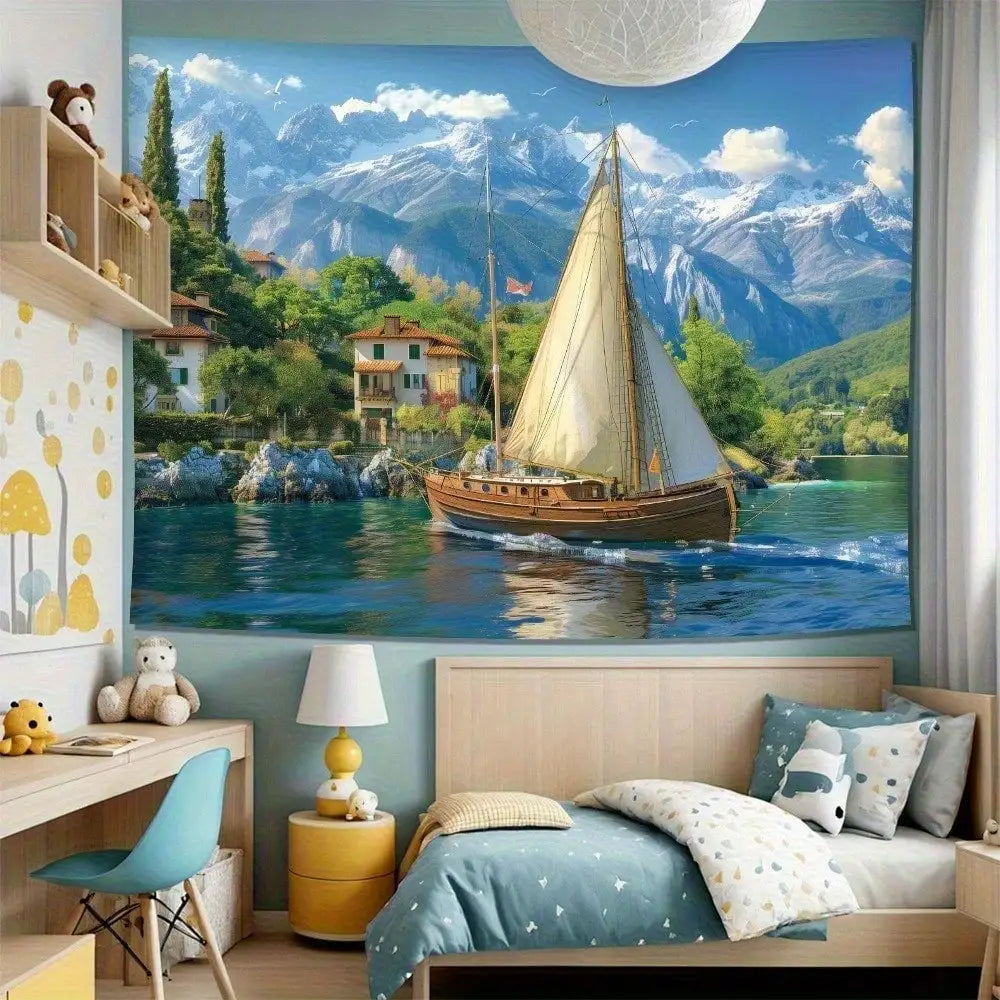 Lake Tapestry Wall Hanging with Sailboat & Mountain Scenery
