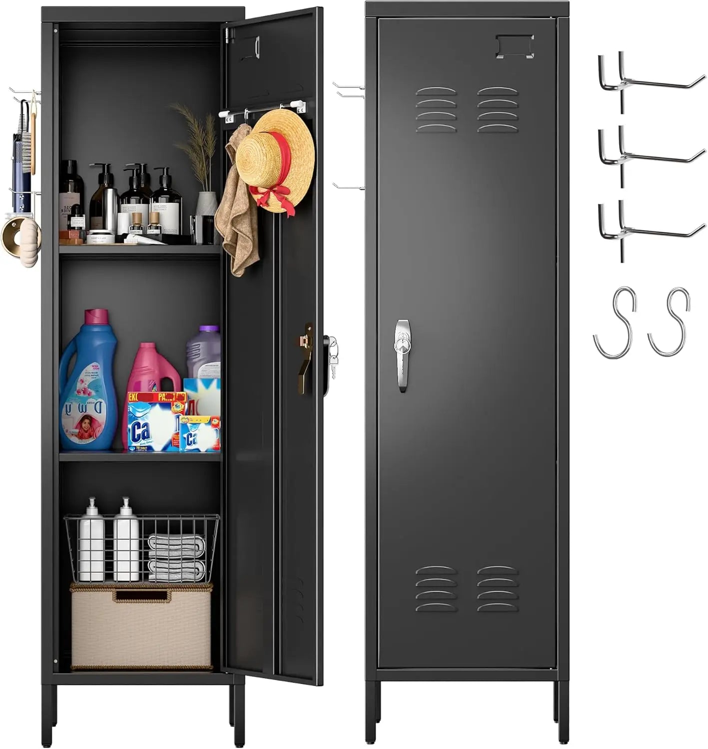 Metal Lockers, Handle, 2 Pegboard & 5 Hooks for Home, Garage