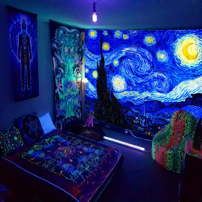 Van Gogh Starry Sky Fluorescent Tapestry – Peach Skin Velvet Bohemian Wall Hanging