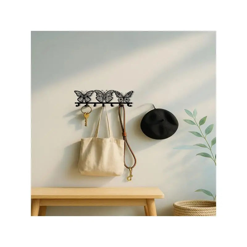 Modern Handcrafted Iron Wall Art Butterfly Key Holder, 7 Hooks