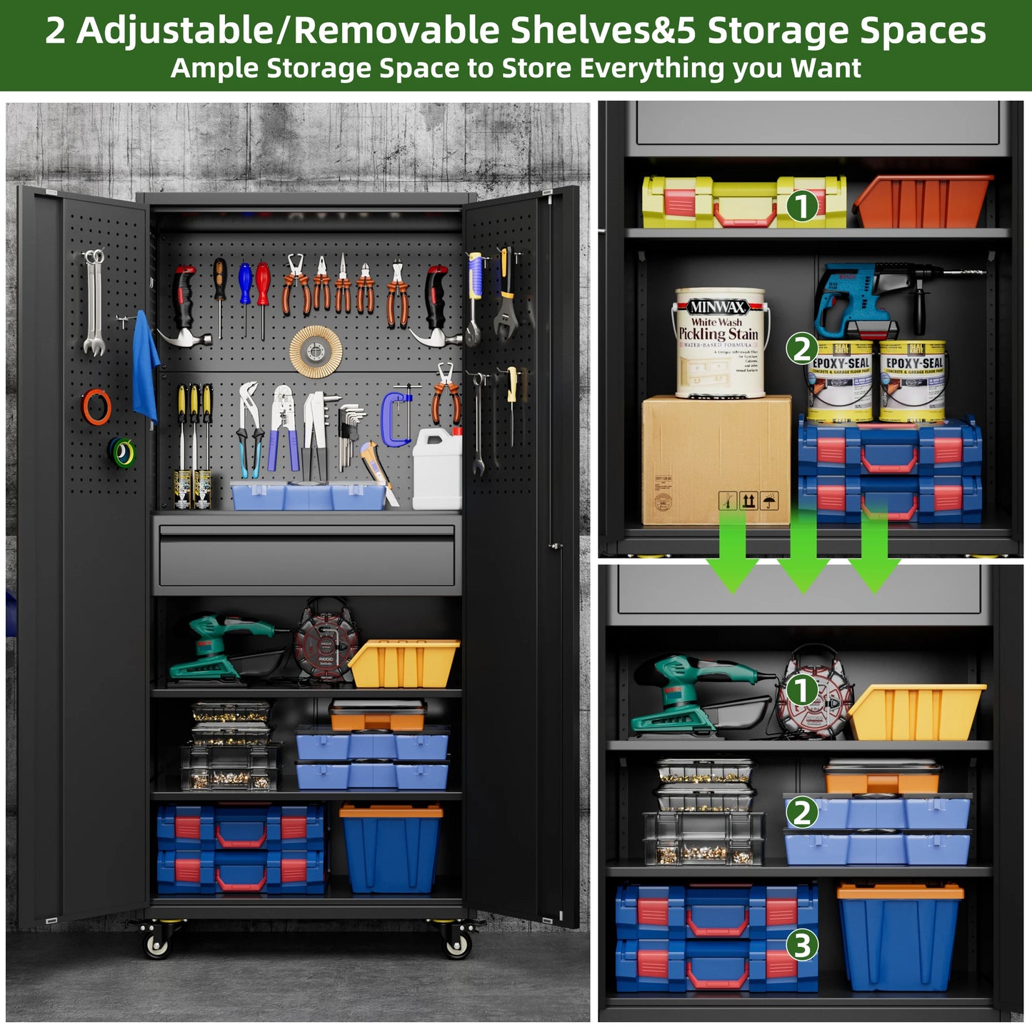 Aobabo 72" Metal Garage Storage Cabinet with Wheels & Adjustable Shelves
