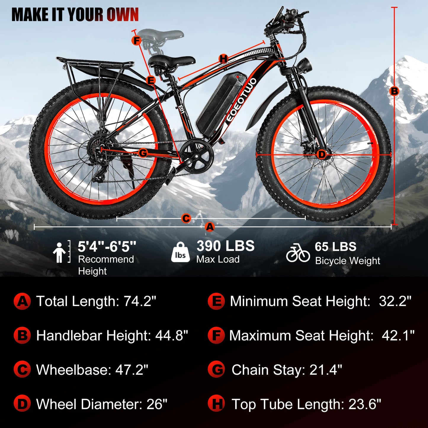 EOEOTWO E01 26" Fat Tire Electric Bike – 1500W Peak, 34MPH, 60-Mile Range, UL2849 Certified