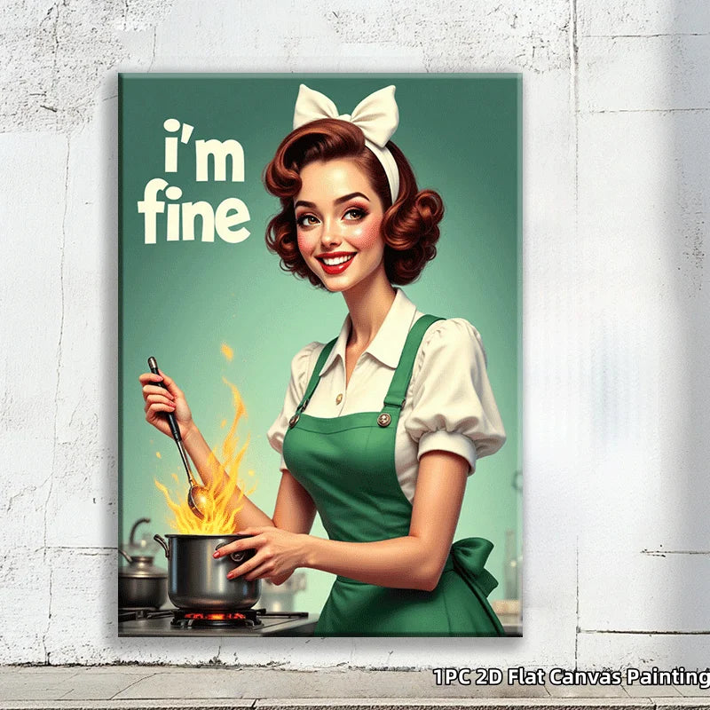 Funny Vintage Style Canvas Painting Cooking Woman Print Humorous
