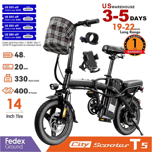 14" Folding Electric Bike – 400W Motor, 48V Removable Battery, 20 MPH, 1-Year Warranty