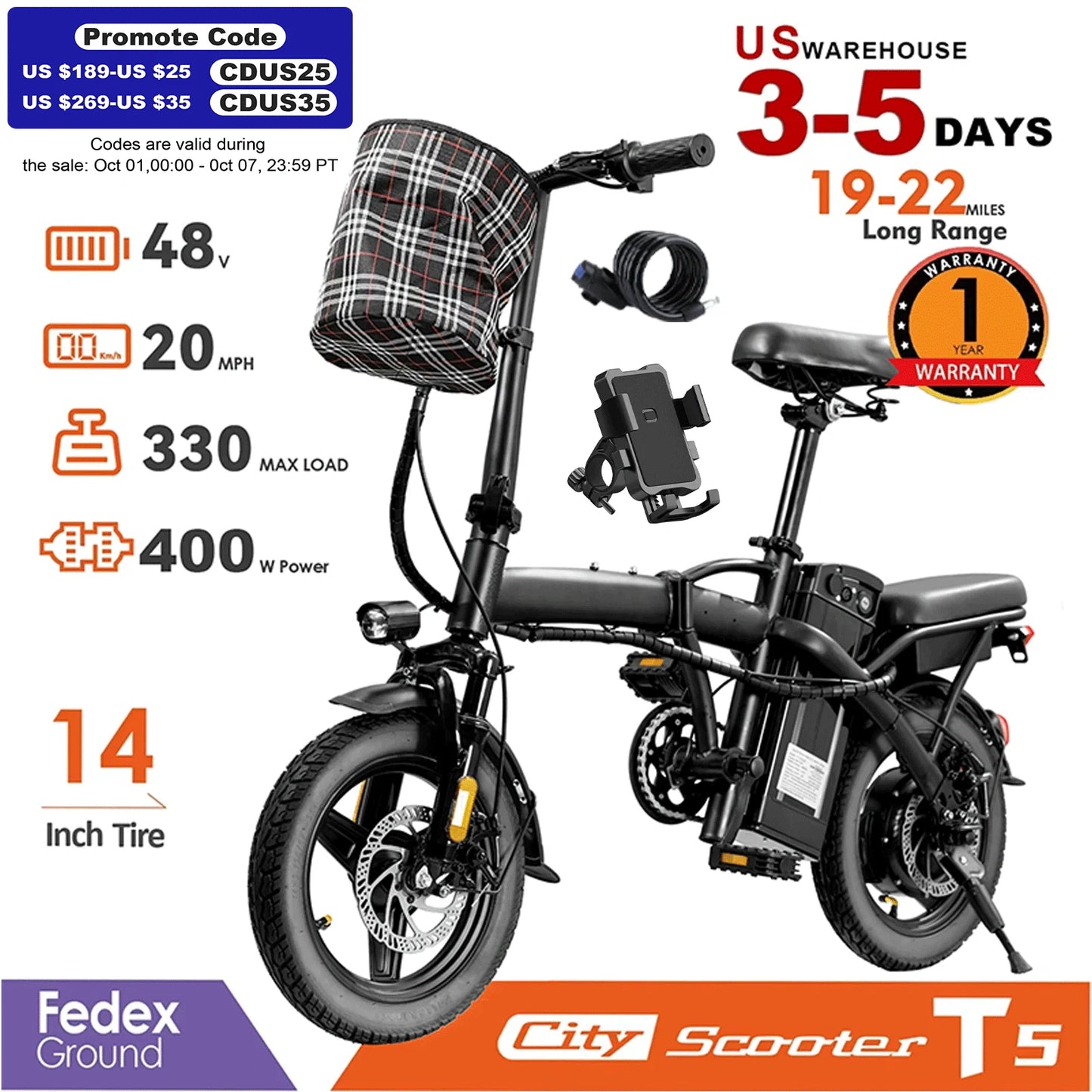 14" Folding Electric Bike – 400W Motor, 48V Removable Battery, 20 MPH, 1-Year Warranty