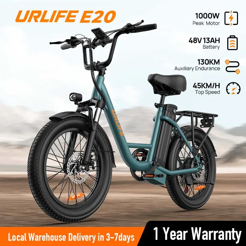 URLIFE E20 Electric Bike – 1000W Motor, 48V 13Ah Battery, Fat Tire, 20MPH, 7-Speed