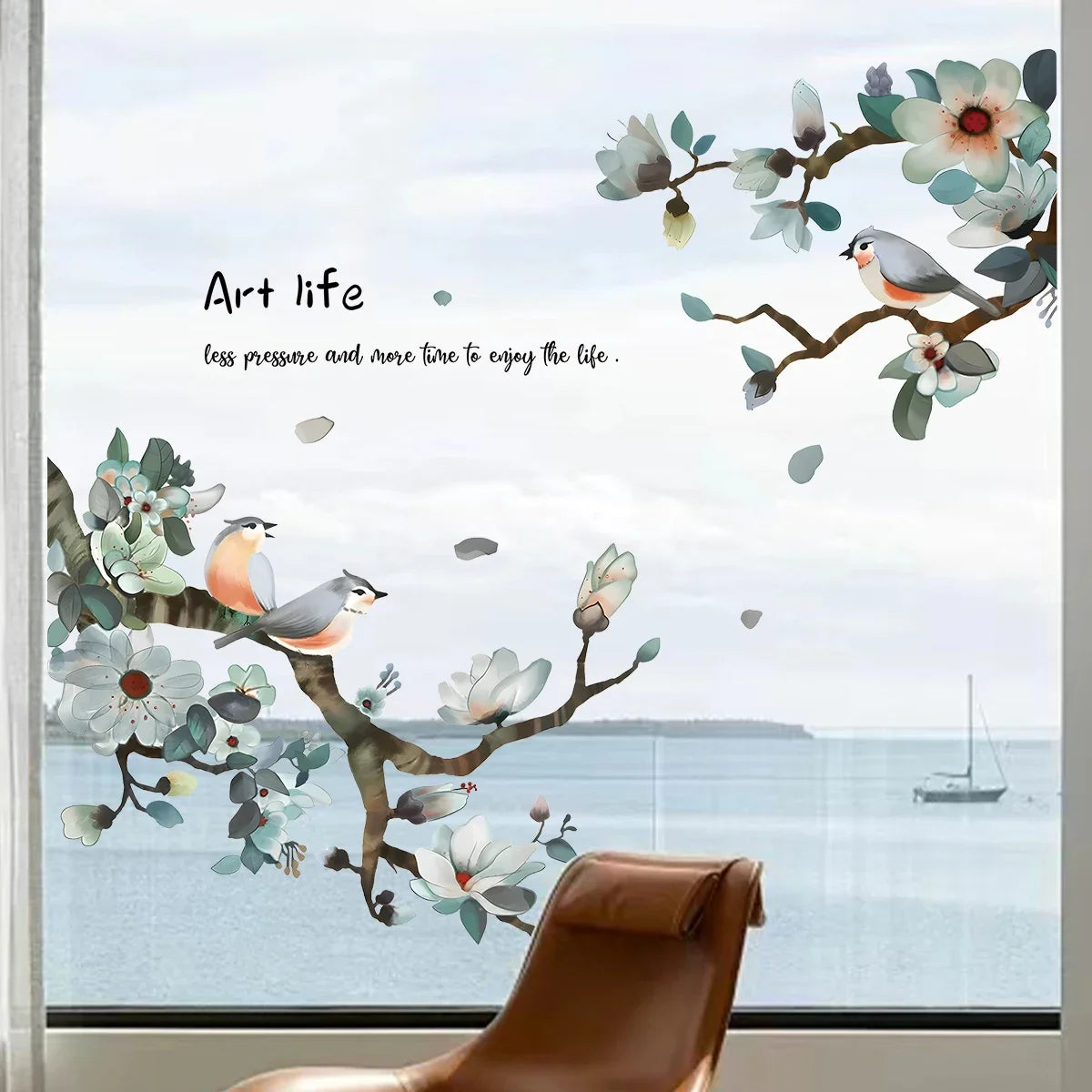 Bird & Peach Blossom Elegant Floral Window & Wall Décor Sticker